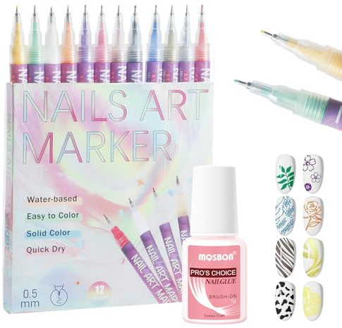 12 Colors Nail Art Pens Set Nails Art Marker with Top Coat for DIY Painting for Women Girls Beauty Adorn with a Free Bottle of Sealing Glue