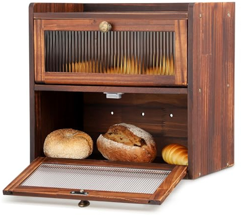 Dumenix Wooden Bread Bin for Kitchen Countertop, Large Bread Box 2 Layer Bread Storage Container with Wood Handle Clear Windows Keep Fresh Bread, Breadbox Storage for Bread, Coffee, Spices (1)