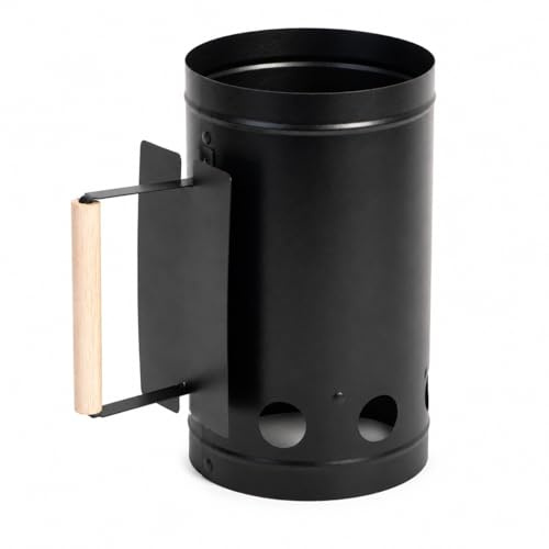 MIO TECK - 1 Accendifuoco Carbone Ciminiera - Accenditore Barbecue Metallo Nero - Starter Carbone BBQ - Ø16cm x 27cm - Manico Legno, Senza Liquidi Infiammabili - Grill Carbonella Campeggio