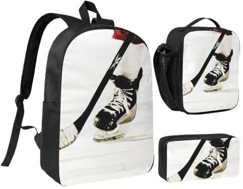 JKLQWC Lot de 3 sacs à dos d'école avec sac à déjeuner isotherme et trousse à crayons pour étudiants, adolescents, filles, garçons - 43,2 cm, Motif hockey sur glace., One Size, Sac à dos daypack