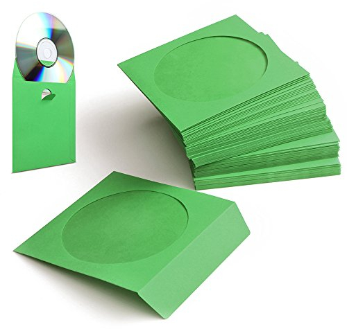 Flexzion DVD CD Sleeves 100 Pack - Premium Paper CD Sleeves for Blank CDs for Burning Music Movie Video Game Disc - Thick Disc Sleeve CD Envelopes Storage with Window Cutout and Flap, Green