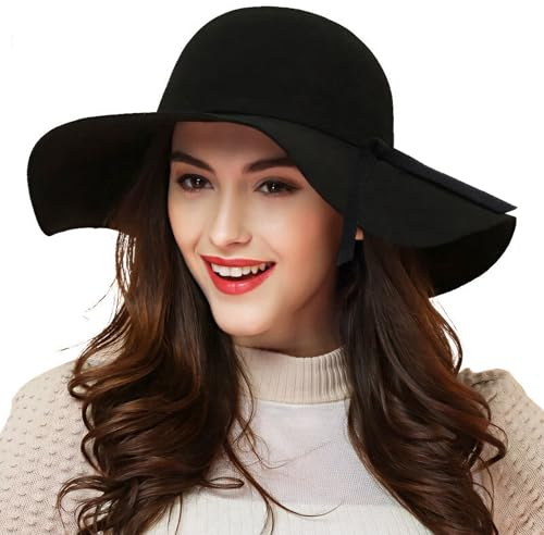 ASSQI Women's 100% Wool Foldable Wide Brim Retro Fedora Floppy Felt Bowler Hat (Black)