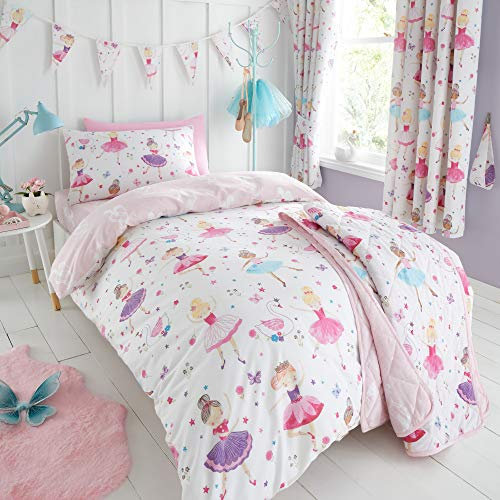 Happy Linen Company Kids Girls Prima Ballerina Ballet Dance Pink Reversible Toddler Cot Bed Bedding Duvet Cover Set