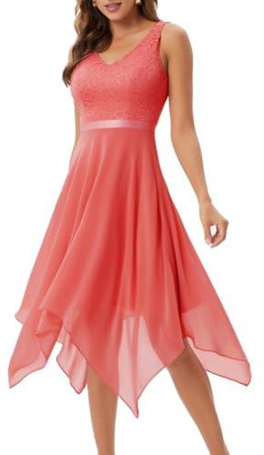 Meetjen Abito da donna vintage floreale in pizzo fazzoletto orlo asimmetrico cocktail formale Swing Dress - Rosa - L