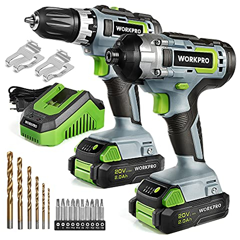 WORKPRO 2tlg. Akkuschrauber Schlagschrauber Set 20V 2,0Ah, 2 Akku und Ladegerät inkl. mit 6tlg. Bohrer und 10tlg. Schrauberbit