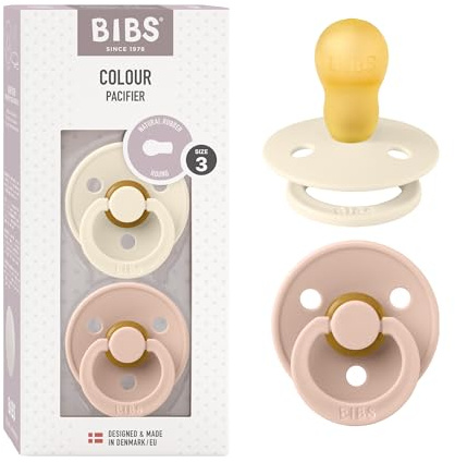 BIBS Colour Soother 2-Pack, BPA Free Dummy Pacifier, Round Nipple. Natural Rubber Latex, Size 3 (18+ Months), Ivory/Blush