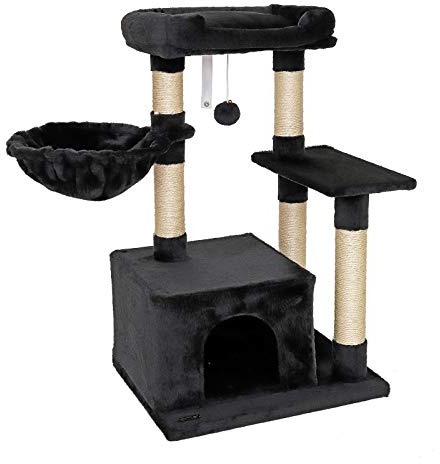 lionto Klösträd för katter med plyschboll & hängsäng, höjd 85 cm, kattträd med sisal & plysch, mysig liggyta & koja, inkl. väggfäste, passar små & stora katter, svart
