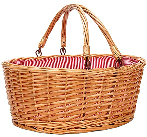 Panier de pique-nique en osier avec deux poignées pliantes, panier vide en saule naturel, panier vide pour œufs de Pâques, bonbons, vin, jouets, fleurs, cadeaux de mariage (gris) (rouge)