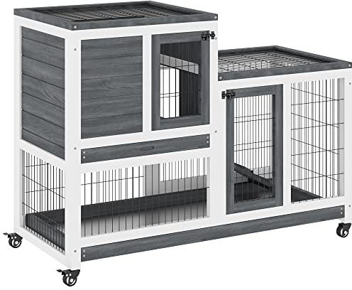 PawHut Conejera de Madera de 2 Niveles Jaula para Conejos con Ruedas Puertas Zona Abierta Rampa y 2 Bandejas Extraíbles Conejera para Interior 110x50x88 cm Gris