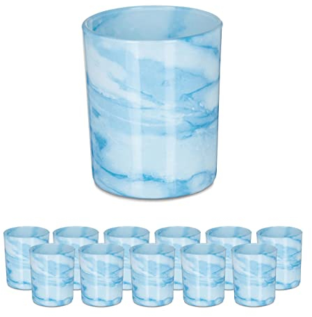Relaxdays Teelichtgläser, 12er Set, Teelichthalter aus Glas, Schlichtes Design, H x D: 8,5 x 7 cm, Deko, blau/Creme