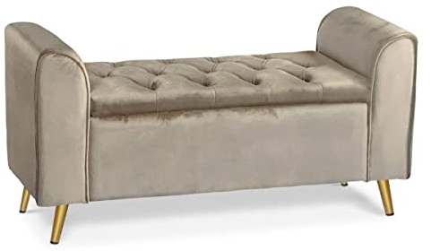 Banquette Coffre Winnie en Velours Taupe avec Pieds Dorés – Banc de Rangement Chic avec Assise Rembourrée – Style Moderne et Élégant pour Salon, Chambre ou Entrée