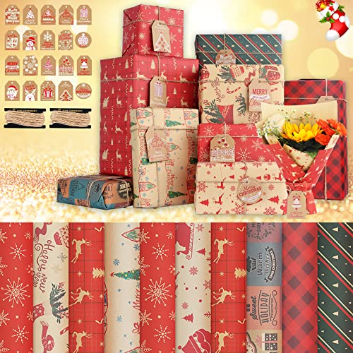 Geschenkpapier Weihnachten Kinder Set 10 Stück, Weihnachtspapier Geschenkpapier Kraftpapier mit 20 Geschenkanhänger 2 Juteschnur, Geschenkverpackung Weihnachten Rot für Mädchen Junge, 70 x 50 cm