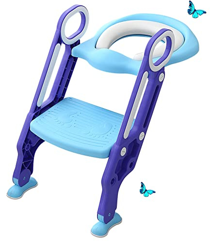 Barntoalettstol med trappa, breda pedaler och halkfria och mjuka polyuretankudde, hopfällbar, justerbar höjd 38-42 cm