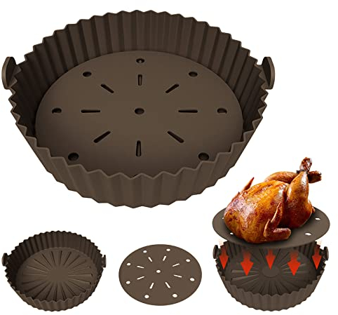 Echify Teglia in Silicone per Friggitrice ad Aria - 24cm Contenitori per Friggitrice con Tappetino per Filtro Olio Accessori Friggitrice ad Aria Cestello Friggitrice ad Aria per Forni Microonde Grigio