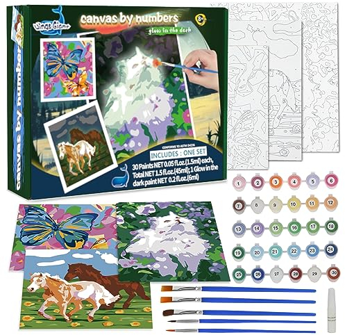 Kit de peinture par numéro pour enfants | Brille dans le noir | Bricolage | Comprend 3 toiles encadrées avec 30 pots de peinture acrylique, 5 pinceaux pour enfants, peintures lumineuses | 8 à 12 ans |