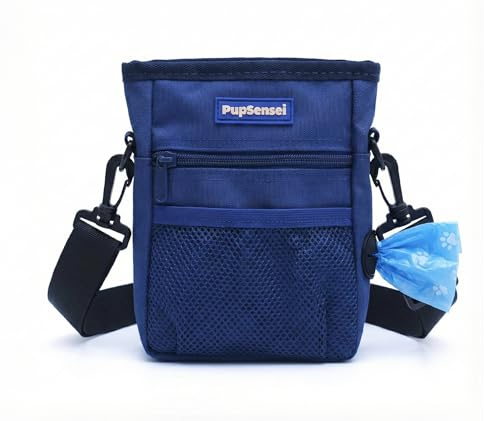 PupSensei Dog Treat Pouch for Training – Magnetic Dog Treat Bag with Belt Clip & Poop Bag Dispenser – Hands Free Carry Pouch with Auto-Close Access & Shoulder Strap – Durable Pet Gear – Navy Blue