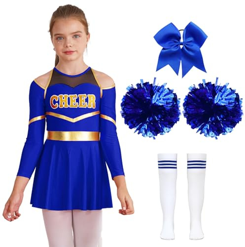 inhzoy Enfant Fille Costume Pom-Pom Girl 4 Pièces Robe Plisée Danse Gymnastique avec Pompoms Chaussettes Uniforme Cheerleading Halloween Carnaval Fete 5-16 Ans A Bleu 11-12 Ans