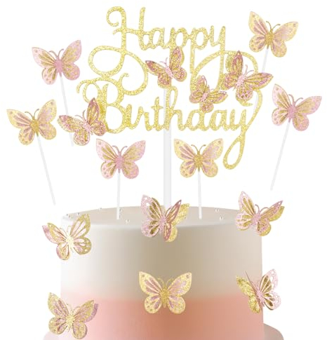 13pcs Butterfly Happy Birthday Cake Toppers, Gold Pink Butterfly Cake Toppers for Cake, Glitter Butterfly Cake Decorations, Butterfly Theme Cake Cupcake Toppers for Girls Women Birthday Decorations