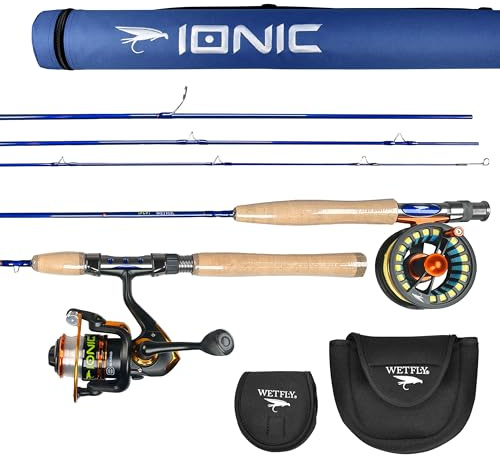 Ionic Fly/Spin Carbon Fiber Fishing Rod Combo - All-in-One Hybrid Kit for Fly & Spin Anglers, Pre-Loaded Reels, Protective Travel Case