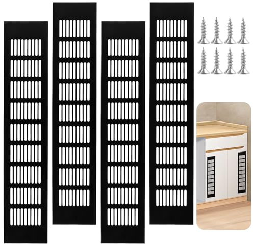 PBUSPU 4 Stück Lüftungsgitter, 80mmx400mm Aluminium Abluftgitter Eckig Belüftungsgitter, lüftungsgitter schwarz für Schränke und Schlafzimmern Möbelgitter Türlüftungsgitte