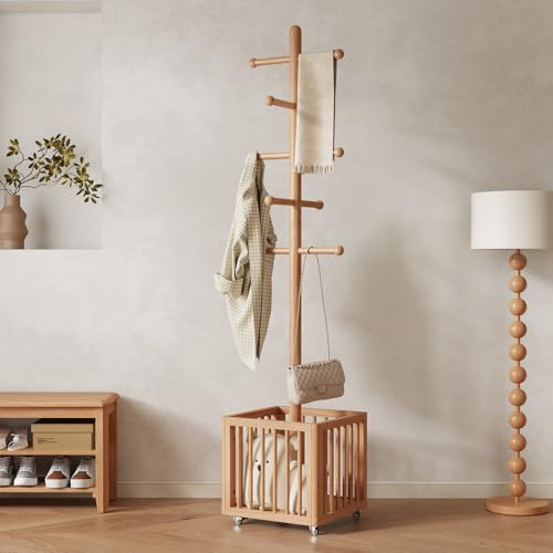 YQJJGL Solid Wood Coat Rack,standing coat rack with 10 Hook,Coat Rack for Freestanding,Bedroom,Living Room,Office,Hang Jackets,Bags,Clothes,Headphones(Natural)