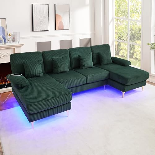 Seyakany Divano ad angolo a U con LED e porta USB-C,Ergonomico di alta gamma modulabile 4 posti,Divano a forma di U con 4 cuscini,Struttura in legno massello,Tessuto in velluto,per soggiorno, smeraldo