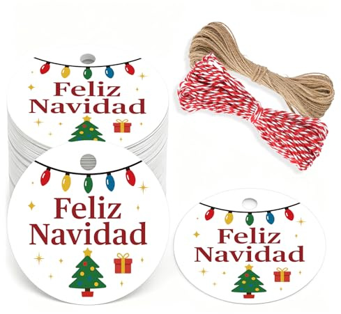 G2PLUS 100PCS Etiquetas Feliz Navidad: Etiquetas Regalo Navidad 5,5 cm– Diseño Exclusivo en Español con 20m de Cuerda para Regalos, DIY y Decoración Navideña