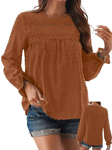 TUUHAW Camiseta Oversize Mujer Camisetas Manga Larga Mujer con Cuello Redondo Camisa Volantes Suelto Básica Blusas Casual Elegante Túnica Encaje Tops Estilo Retro Bordado Oficina T-Shirt Naranja 3XL
