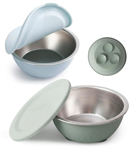Moonkie babyskålar i rostfritt stål med silikonlock och sugkopp, rostfria skålar för barn med silikonfodral, snack- och flingskålar för småbarn, från 4 månader, 2-pack (isblå/salviagrön)