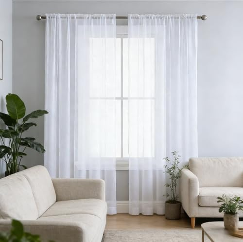 XUEQXUE Tenda Trasparente 50 x 216 cm Tende Decorative Semitrasparenti in Effetto Lino, Morbide, Ideali Tende Lino Trasparenti per Soggiorno Camera Balcone Finestra e Cucina, Bianco