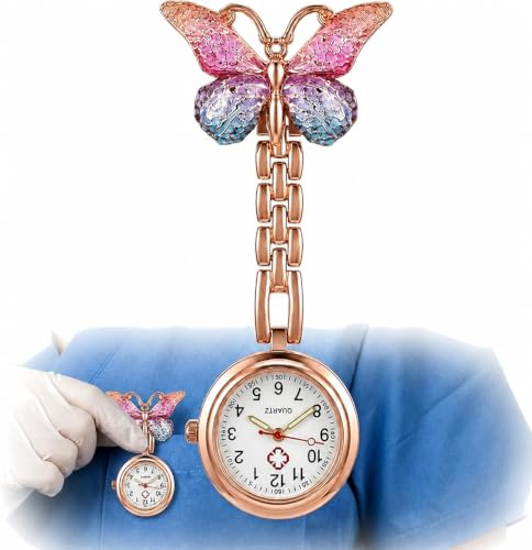 Cowiny Nurses Fob Watch Butterfly Brooch Clip On Watch, Quartz Lapel Pin Pocket Watch with Easy Read Dial for Nurse Uniforms, Doctors, Healthcare Staff, Carers and Medical Students