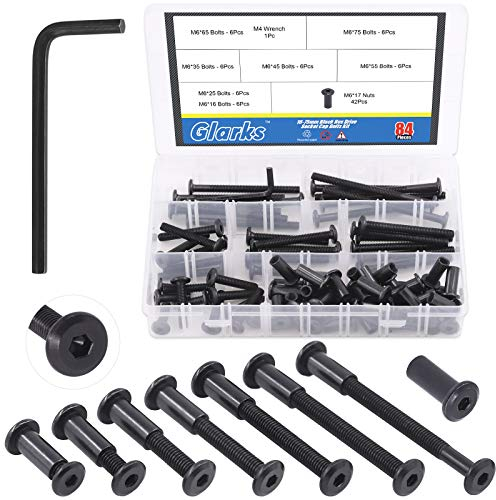 Glarks 85 piezas M6 x 16/25/35/45/55/65/75 mm negro Hex Drive Socket Cap Kit de pernos de cabeza Allen para muebles de cuna, tornillos con una llave Allen para sillas y mesas