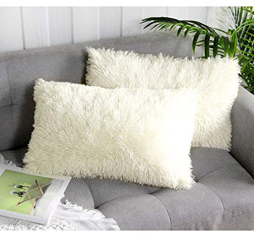 Uhomy 2 Packs Fall Winter Home Decorative Fluffy Plush Pillow Cover 12x20, Luxury Soft Fluffy Artificial Fur Throw Pillow Case Cushion Cover Fluffy Double Side Fur for Sofa Bed, Cream 30x50 cm