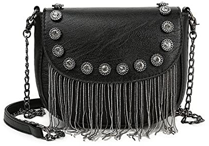 MEGAUK Mini Niet Handtasche Kette Fransen Umhängetasche Cross Body Taschen Elegante Kettentasche Punk Clutch Bag Abendtasche mit Kette Riemen Metall Schultergurt