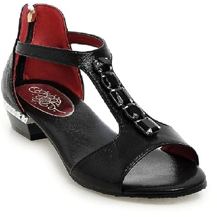 JIEEME Sandalias de mujer Peeptoe Cremallera Tacón bloque Tacón bajo Cristales Zapatos casuales Mujer más tamaño z2271, Negro , 44 EU