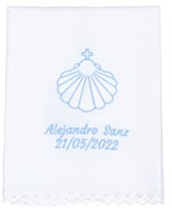 CARREDANA Pañuelo de Bautizo Bordado Personalizado. Personaliza Nombre, Color y Fecha. Toalla Bautizo-Regalo Personalizado (con Concha Bordada)
