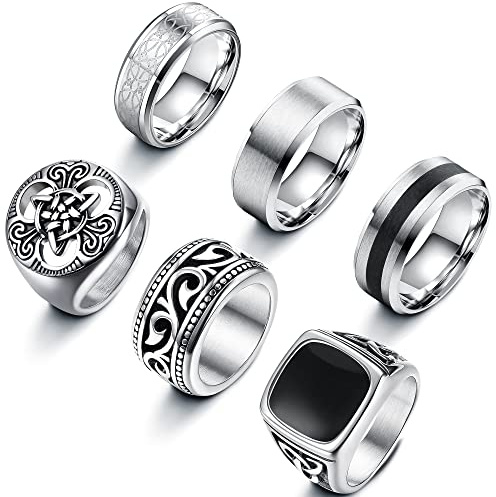 LOLIAS 6 Pcs Mens Rings Silver Signet Promise Ring for Men N 1/2-Z 1/2 | 6 Pcs Silver Rings with Matte Finish and Polished Band Bottle Opener Celtic Knot Vintage Engagement Wedding Band N 1/2-Z 1/2
