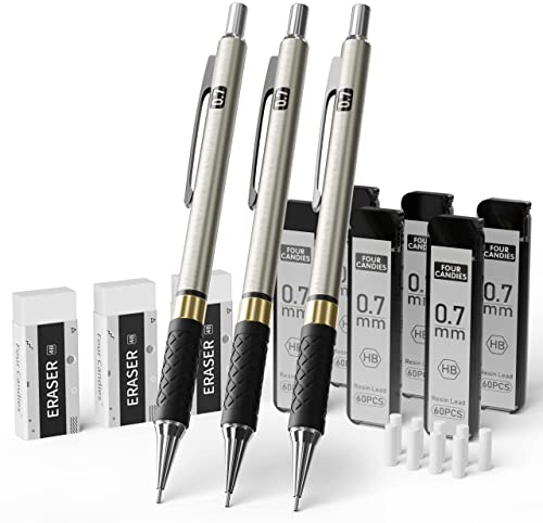 Four Candies Druckbleistift Set, 3 Stück Metall Minenbleistift 0,7 mm, Mechanische Bleistifte mit 360 Stück HB-Minen, 3 Radiergummis und Etui, Druckbleistifte zum Schreiben und Zeichnen für Ingenieure
