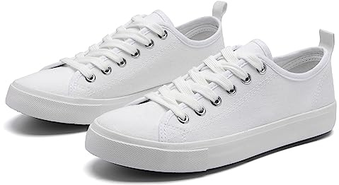 The Fashion Supply Canvas Shoes for Women, Casual Low Top Lace-Up Womens Shoes Sneakers, Extra Laces (White, 8)