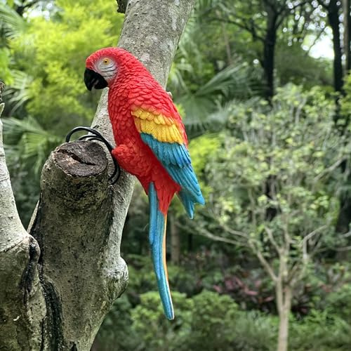 Handsider Realistic Parrot Sculpture, Resin Hanging Parrots Garden Statues Lifelike Bird Figurines Landscape Ornament Patio Yard Lawn Figurine Tree Decor, Outdoor Garden Wall Statues (Red)
