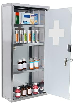 LILIIN Medicskåp, läkeskåp, medicinskåp, i rostfritt stål, 4 fack medicinskåp med glasdörr och 2 nycklar, första hjälpen skåp husapotek, 30 x 12 x 57,5 cm