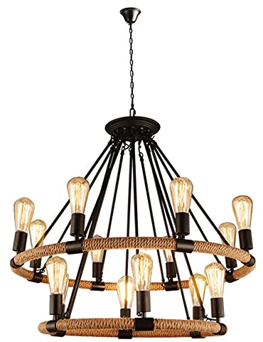 McOsu Candelier de cáñamo - Retro American Loft Industry Cava Cava Candelier de hierro forjado E27 Fuente de luz Lámpara Catsing Island Farmhous Luz de techo,Lámpara de araña