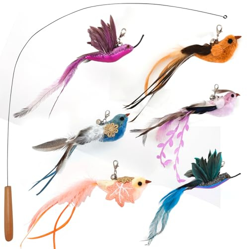 miwoowim Interactive Cat Toys for Indoor Cats - 35'' Steel Wire and 6PCS Feather Bird Refills,Teaser Toy,Cat Wand Toy,Feathers & Bells, Realistic Bird Impression (7 PCS)