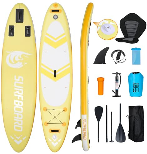 YU YUSING Planche de Stand-up Paddle Gonflable Adulte 335cm, Planche de Paddling Sup 2 Personnes, Siège Kayak, Support Caméra, Kayak Gonflable avec Pagaie Réglable, Pompe, Jusqu'à 150kg, Jaune