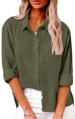 Friptspyg Blusa de Mujer con Cuello en V y Manga Larga 100% Algodón Casual con Bolsillo Suelta y Versátil para Verano, Verde Militar S