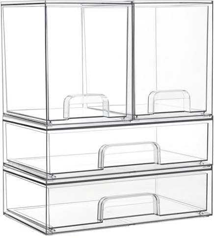 Vtopmart Clear Stackable Storage Drawers Set of 4, Plastic Organizer Bins for Makeup, Cosmetics, Beauty Supplies,Ideal for Vanity, Bathroom,Cabinet,Pantry Organization