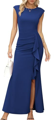 Missufe Balklänning för kvinnor, aftonklänningar i maxilängd med fladdermusärmar, cocktailklänning med volang and slits, sjöjungfruklänning, bodycon, festklänning, klänning för bröllop, blå, M