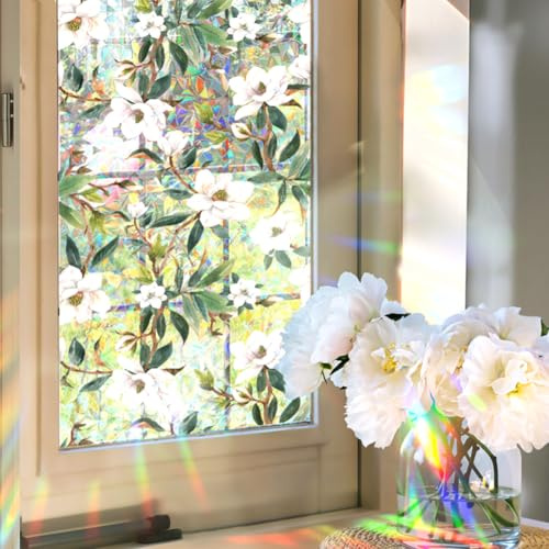 GORGECRAFT 39.4x16.9 Inch Leaf Flower Window Privacy Film 3D Plastic Rainbow Non-Adhesive Stained Window Sticker Static Glass Cling Sun Blocking UV Proof Holographic Prism Decals for Room Home