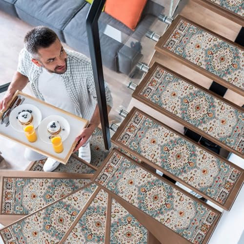 YISUN 15PCS Carpet Stair Treads, Anti Moving and Non-Slip Stair Mats, Removable Safety Washable Stair Pads, Stair Runner for Kids Elders and Pets (25.6 X 8)
