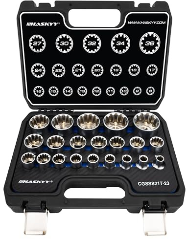 HASKYY Jeu de clés à douille à denture multiple Douilles 1/2 XZN Écrou 21 pcs. Jeu d'outils 8-36mm Denture multiple extérieure 12 pans - 6 pans